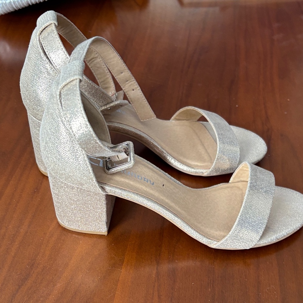 CL by Laundry Champagne Glitter Block Heel Sandals